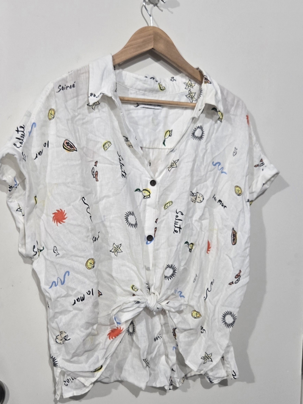 Sonoma White Button-Front Short Sleeve Printed Shirt 80s